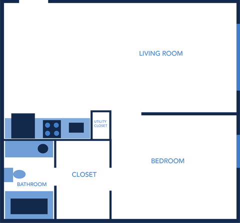 Floor plan for 1 bed, 1 bath, 605 sqft
